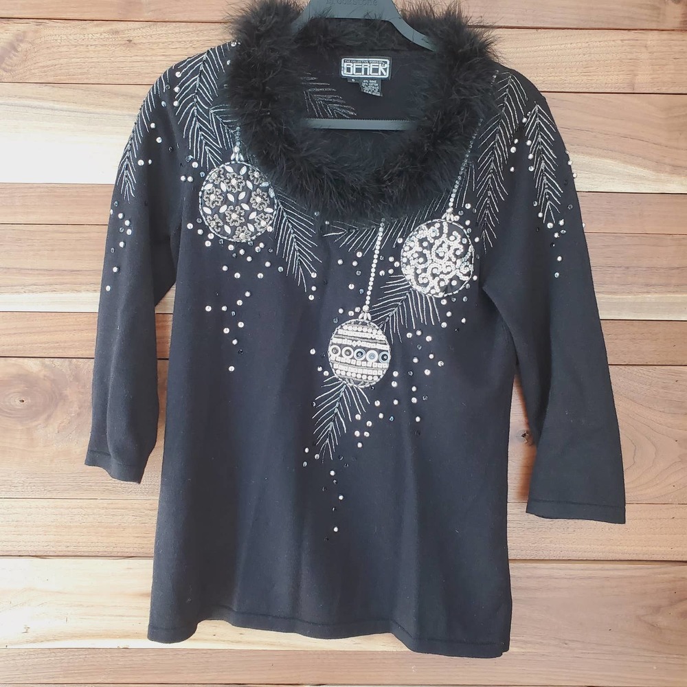 Berek 2 VTG Embellished Beaded Feather Collar Holiday Cardigan S Black Silver